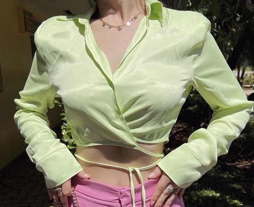 Zara Lime satin Shirt Women Long Sleeve Green - 第 1/13 張圖片