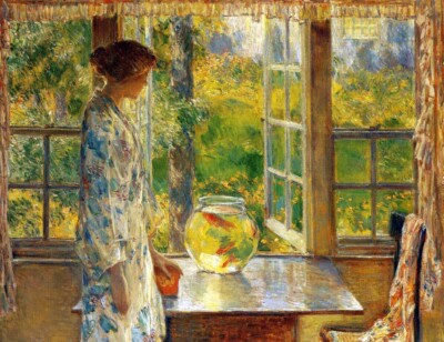 Oil painting young lady by window art Bowl-of-Goldfish-Frederick-Childe-Hassam