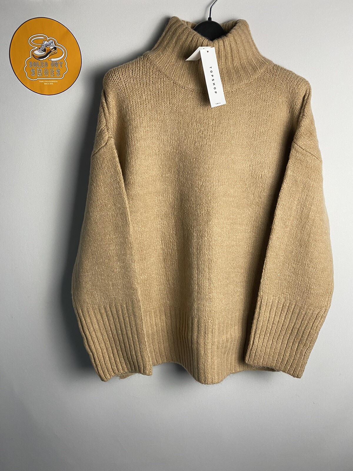 Topshop Oversized Deep Hem Funnel Knit Ribbed Jumper - Camel - Size Large / Tall