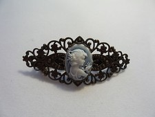 CAMEO GIRL WITH A DOVE BIG BARRETTE--BRONZE BLUE AND WHITE