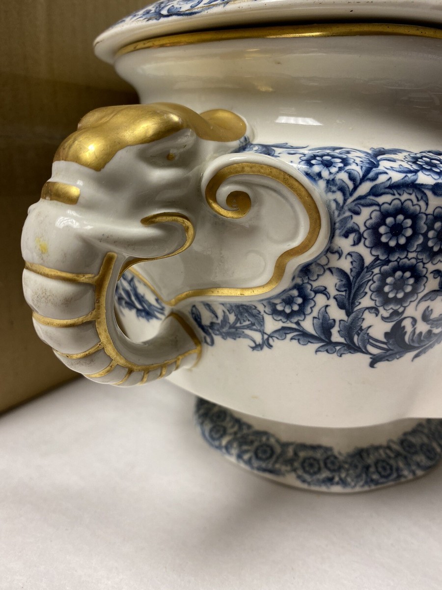 Royal Worcester Vitreous Soup Tureen~Blue White w/Gold~Elephant