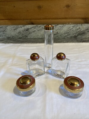 Antique Lot Of 5 Glass Dresser Bottle Set W/caps