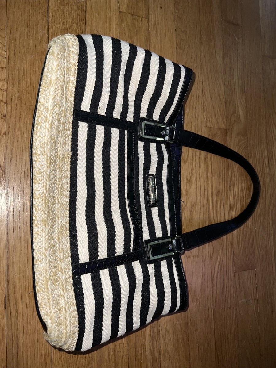 DANA BUCHMAN Black and White Canvas Tote Shoulder Bag Leather Trim