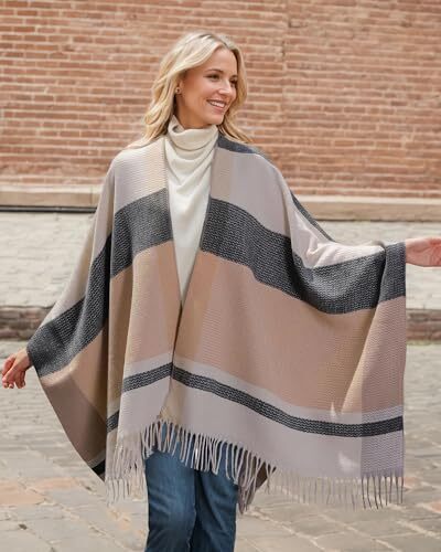 Shawl Wraps Gifts for Women,Warm Poncho Sweater,Tassels Open Beige