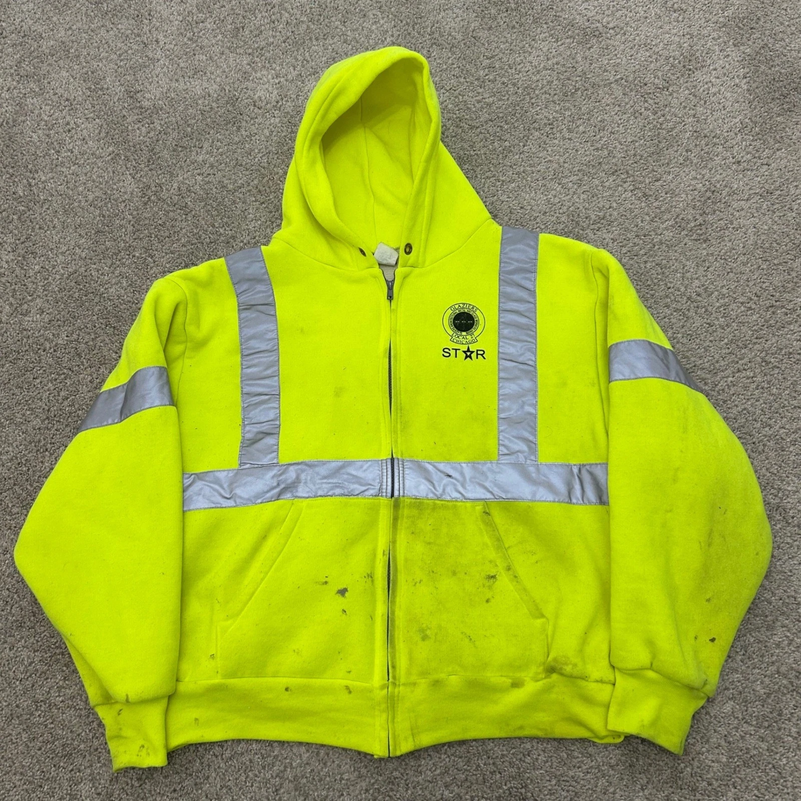 Vintage Camber Full Zip Hoodie XL Neon Yellow Hi-Vis Thermal Lined Made in USA