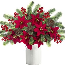 6Pcs Christmas Flowers Artificial Pine Branches Poinsettia Floral Picks 14    ...