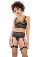 Coquette Smoke Show Bra, Garter Belt  G-String Sheer Black Size XL
