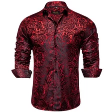 Mens Shirt Long Sleeve Red & Black Paisley Luxury Button Regular Fit Shirts