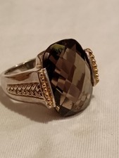 925 Sterling Silver China Large Two toned Smoky Quartz Ring LOOK Nice Size 9