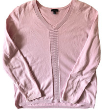 Talbots Sweater L V neck Pink contrast knit 100 cotton