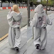 Matching set: Hoodie jacket with printed numbers and basic plain wide-leg pants