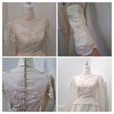 80s Ivory Lace Wedding Dress Long Sleeve Beaded Train Romantic Bridal Victorian