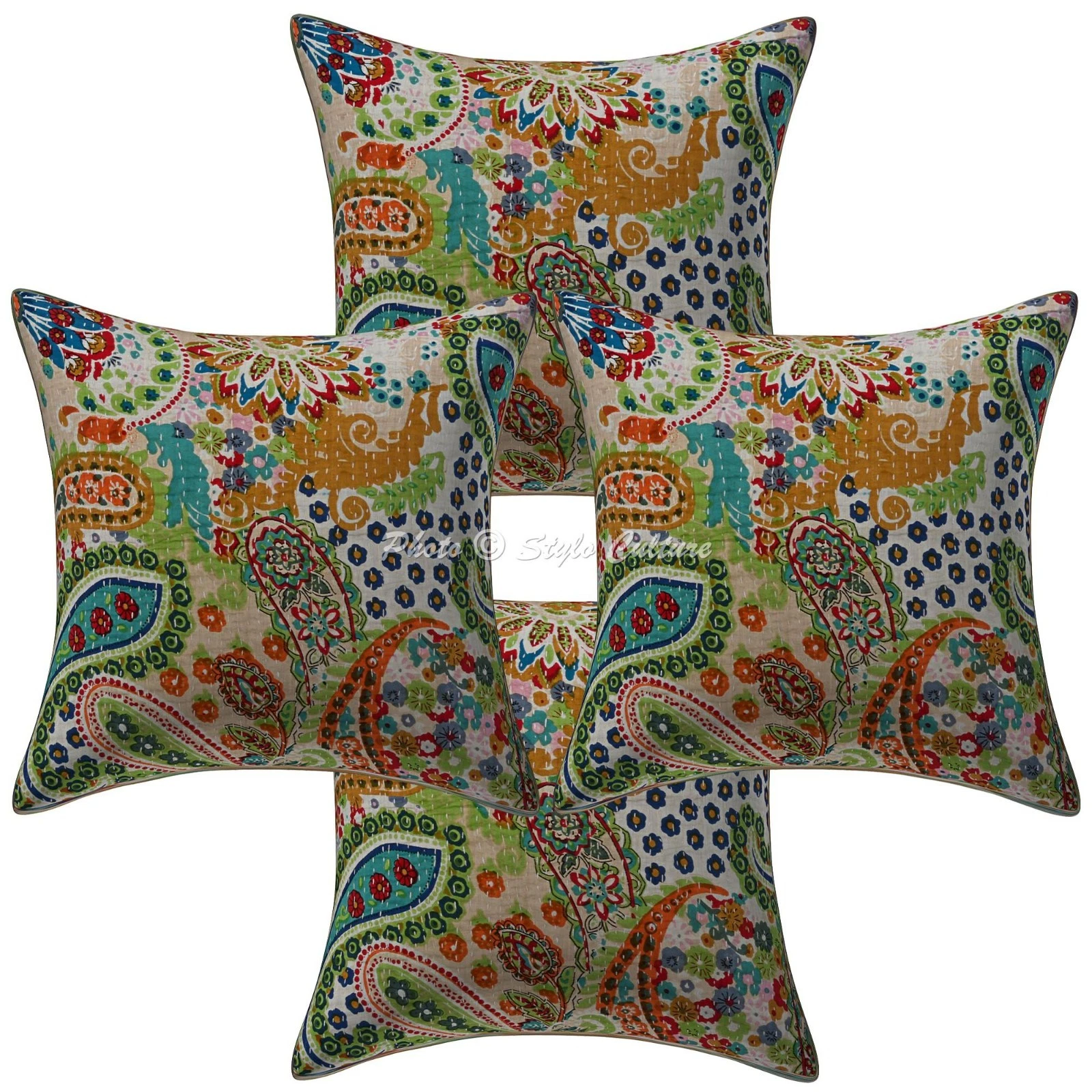 Decorative Kantha Throw Pillow Covers Cotton Paisley 40x40 cm Cushion Cover