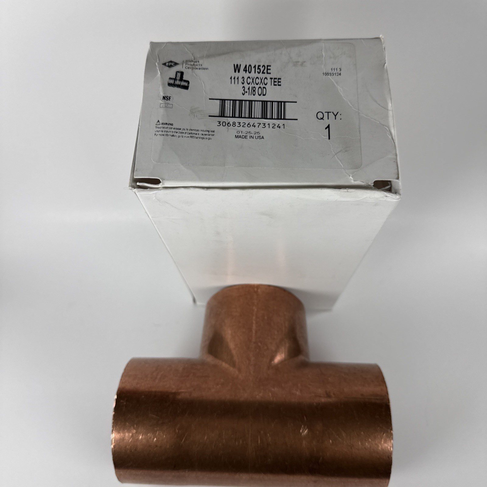 Elkhart W 40152E 3" CXCXC Wrot Copper Tee Fitting 111 3 3-1/8" OD Plumbing NOS