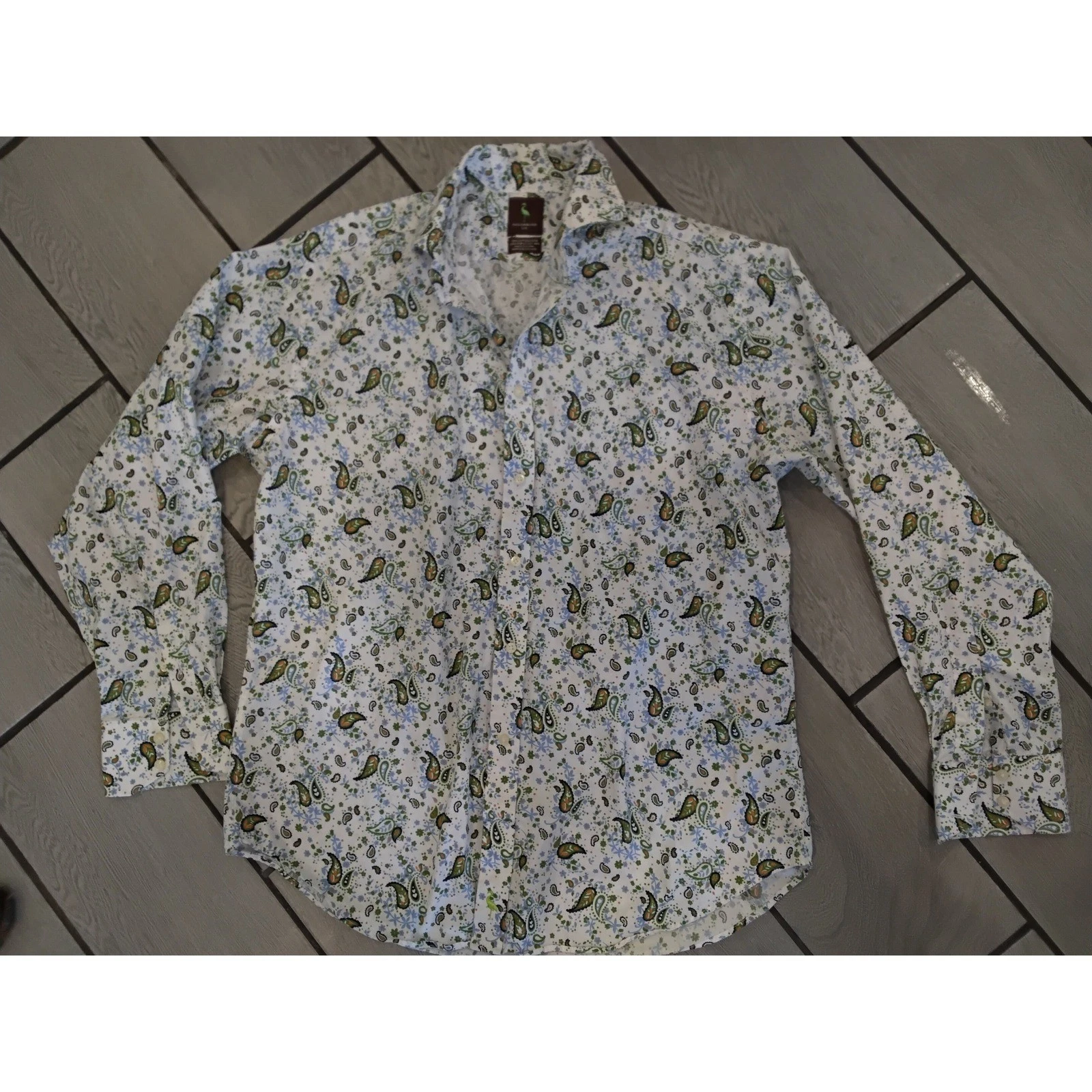 Tailorbyrd Mens Large White Paisley Floral 100% Cotton Long Sleeve Button Down