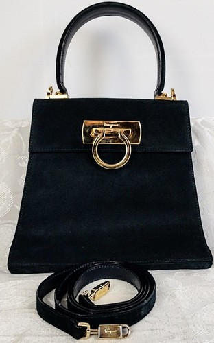 Salvatore Ferragamo Gancini Bag Black Suede Top Handle Shoulder Handbag Gold