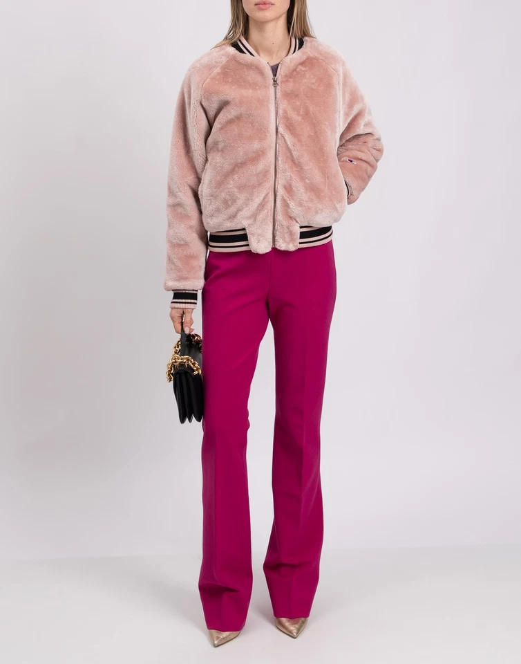RRP €250 CHAMPION Faux Fur Bomber Jacket Size XS Pink Lined Striped Ribbed Neck - Image 3 of 4