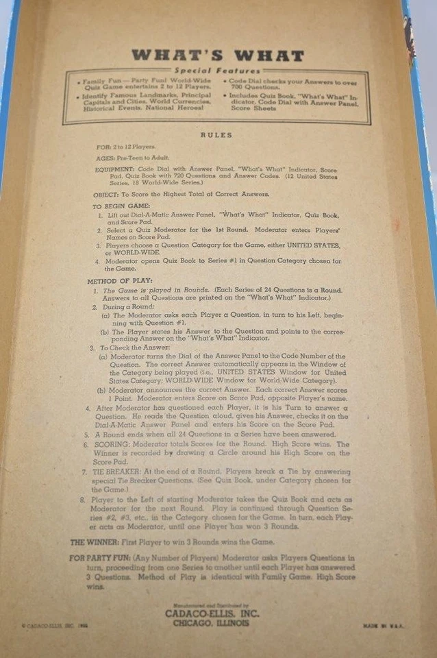 ПОЛНЫЙ винтажный 1965 ЧТО? СЕМЕЙНАЯ ВЕСЕЛАЯ ИГРА - Cadaco-Ellis #254 - Изображение 4 из 4