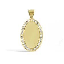 10K Yellow Gold Oval Memory Picture Frame Pendant CZ Charm 1.4 inch