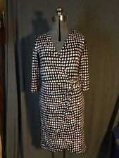 TALBOTS Faux Wrap Dress Womens Petite Black Polka Dot Tie Waist Stretch