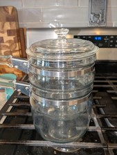 Vintage Pyrex Flameware Double Boiler Set Made in USA Glass w/ Lid