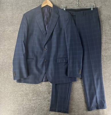 Ted Baker Endurance Jake CT Wool Suit Men s 46R /36x32 Blue Windowpane 2-Piece