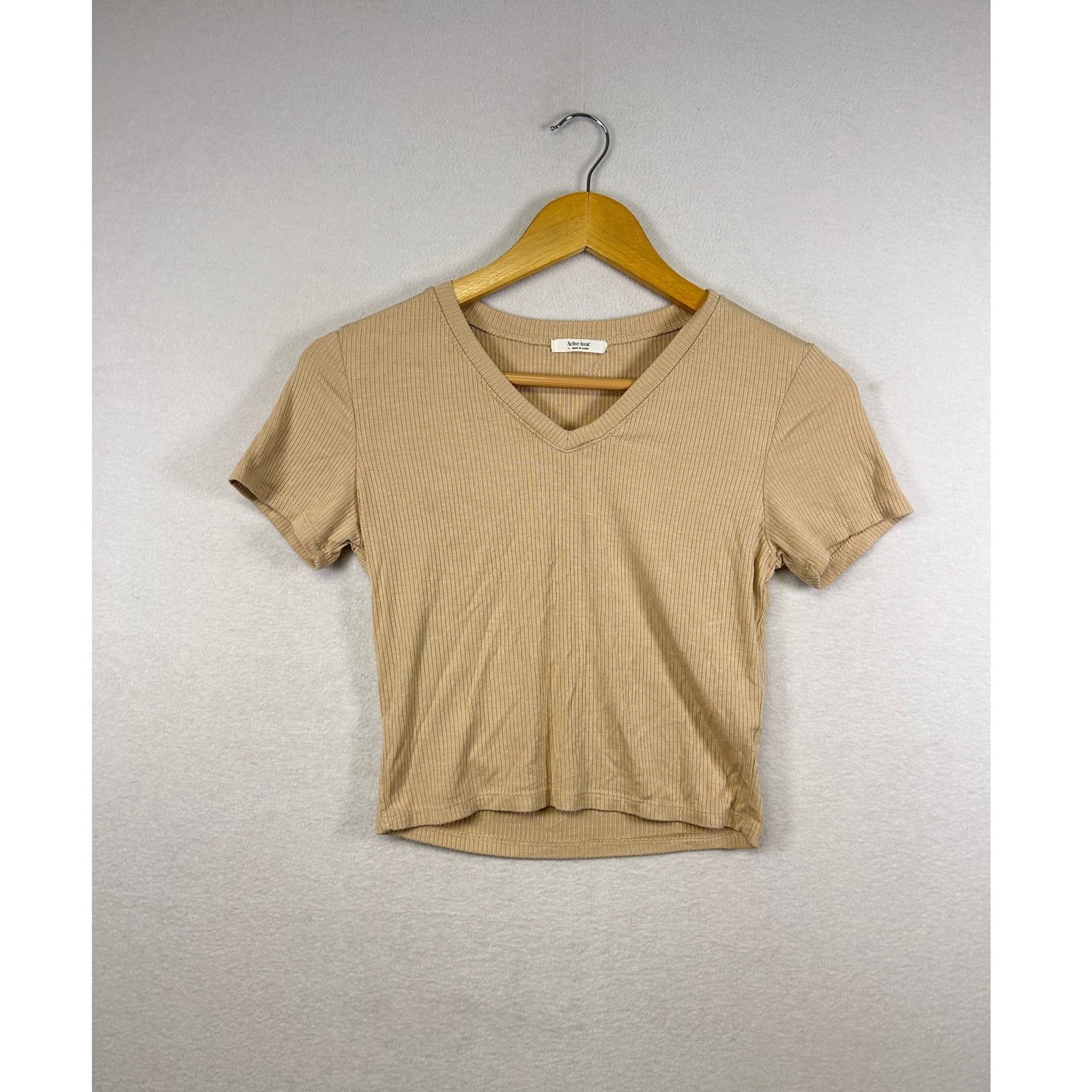 Active Basic Ribbed V Neck Crop Top Tan Beige Sho… - image 1