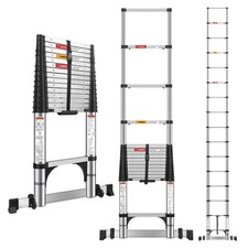 15.5 FT Telescoping Ladders Stainless Steel - One-Button Retraction Collapsib...