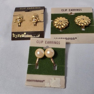 Lot of THREE Vintage Clip On Earrings Gold Tone Faux Pearl Small Dainty