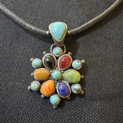 Vintage BARSE Sterling Multiple Colorful Stones Turquoise Lapis Pendant Necklace