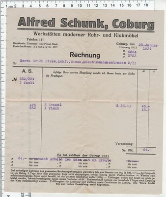 Alfred Schunk, Coburg, Rechnung 1931 für Möbel