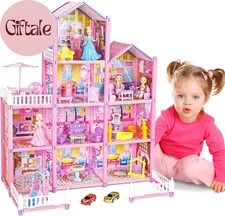 Doll House for Girls, 4-Story Dollhouse with 10 Rooms, 2 Dolls, Furniture and Ac