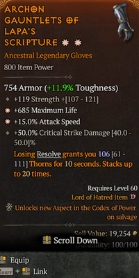 Diablo 4 S12 Season 12 2GA Gloves 685 Max life 15% Attack speed
