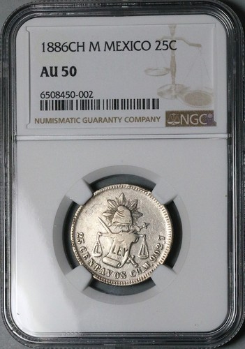 1886-CH NGC AU 50 Mexico 25 Centavos Chihuahua 22k Silver Coin POP 1/0 25020502C - Picture 5 of 6