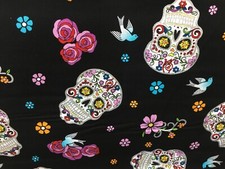Black Floral Sugar skull day Of The dead Cotton Glitter Fabric, 45"wide, BT yard