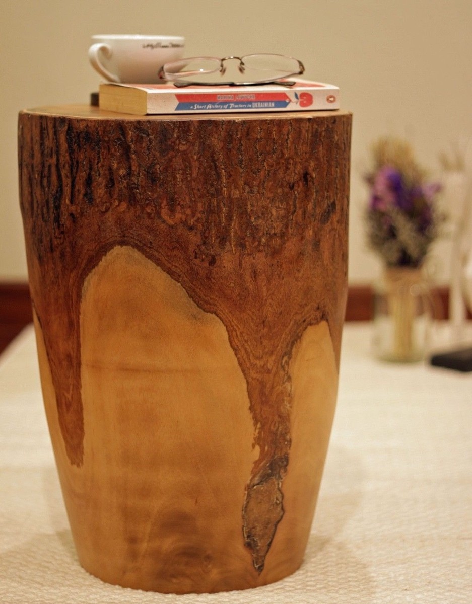 Wooden small side coffee table stool lamp plant Rustic Bark