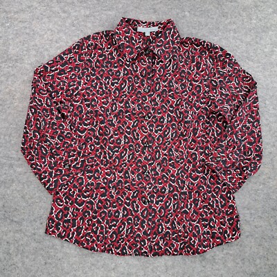 Foxcroft Shirt Womens Size 10 Fitted Red Button Long Sleeve Wrinkle Free Career