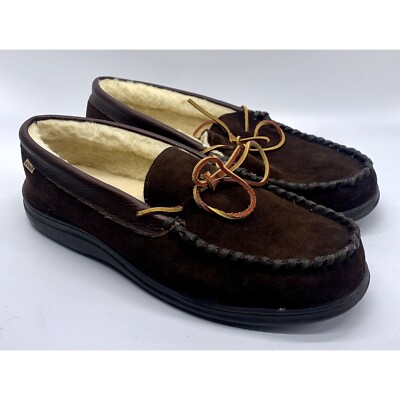 Evans Brown Shearling Lined Leather Moccasin Slippers Mens sz 14 M (S1185)