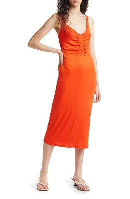 MSRP $48 VERO MODA Jillian Ruched Stretch Midi Dress in Spicy Orange Size XS