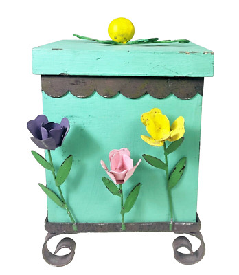 9  Green Wood Metal Box Floral Distressed Great Indoors  Shelf Stash Storage