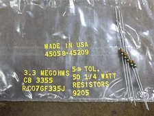 NEW Allen Bradley Fixed Resistors 45058-45209 3.3 MEGOHM 1/4 Watt, Lot of 5
