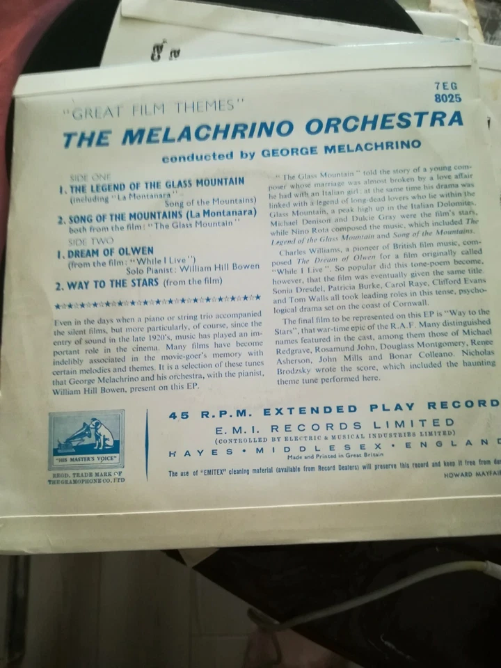 GREAT FILM THEMES MELACHRINO ORCHESTRA THE GLASS MOUNTAIN EP 45RPM 7"EASY LISTEN - Image 2 of 4
