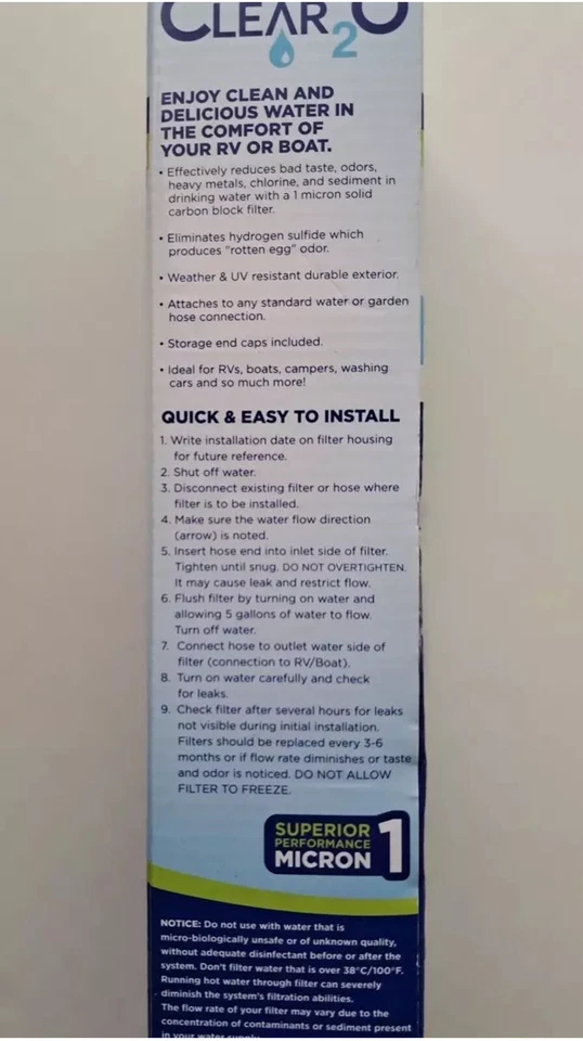 Clear2O CRV2006 RV & Marine Inline Water Carbon Block Filter  NEW - Image 2 of 4