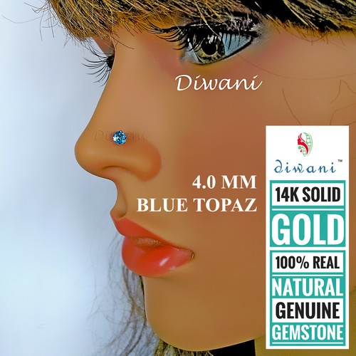 Diwani 4.0mm Natural Blue Topaz 14k Gold Nose Pin Lip Labret Piercing Stud Screw - Picture 3 of 12