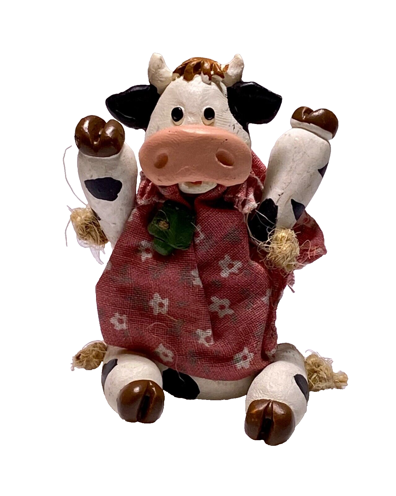 Russ Berrie Co. Country Kin Sculptstone 13900 Jointed Cow Green Bell Figure Vtg