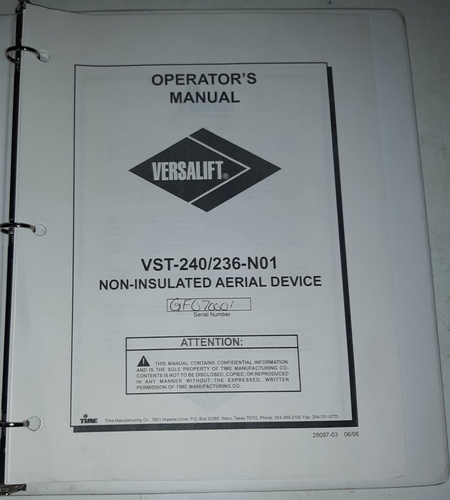 Versalift VST-240/236-N01 Non-Insulated Aerial Device Operators Manual in Binder - Picture 1 of 6