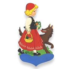 1950er Märchen-Holzbild, Münchner-Kunst: Rotkäppchen, Vintage Shabby Chic Figur