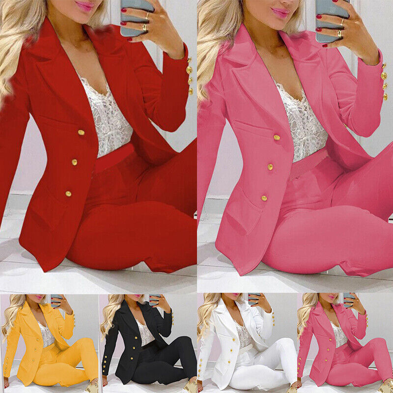 2Pcs Women Solid Long Sleeve Blazer Pants Set Formal Jacket Coat