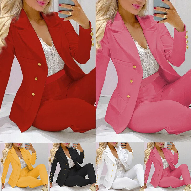 2Pcs Women Solid Long Sleeve Blazer Pants Set Formal Jacket Coat Suit Outfits