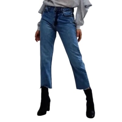EVIDNT Florence Straight Leg Jeans Ankle Crop Raw Frayed Reverse Step Hem ED1842